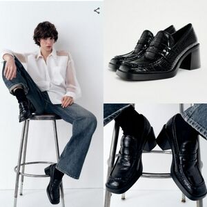 Zara block heels croc loafer black y2k chunky shoes size 41 us 10 new with tag